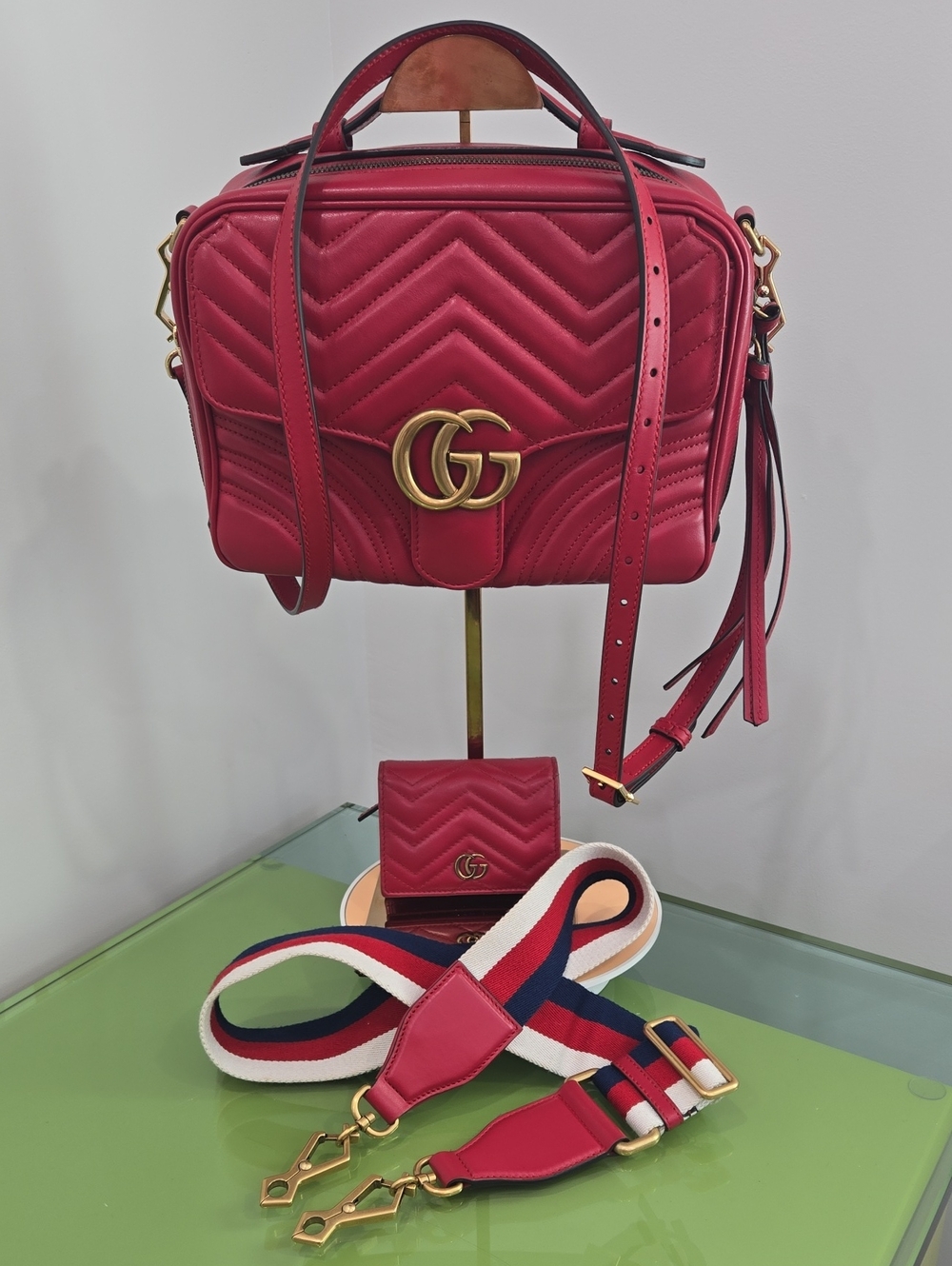 Gucci Red Quilted GG Marmont Crossbody Bag,  Leather And Guitar Straps
